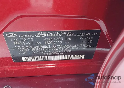 2012 Hyundai Sonata Gls из США, поврежденный, VIN 5NPEB4AC3CH479098